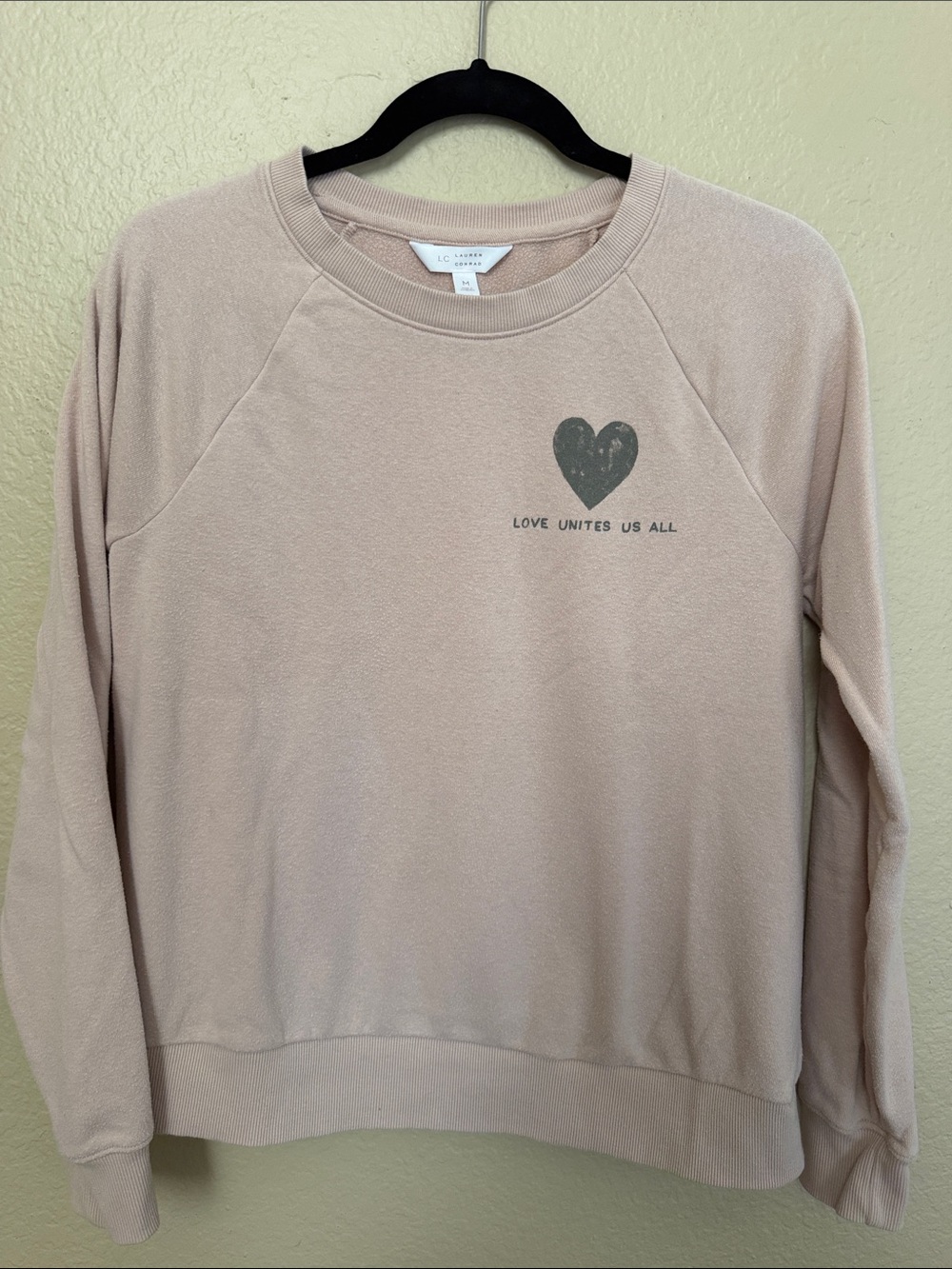 LC Lauren Conrad Dusty Blush Crewneck Sweatshirt with Heart Graphic- Medium